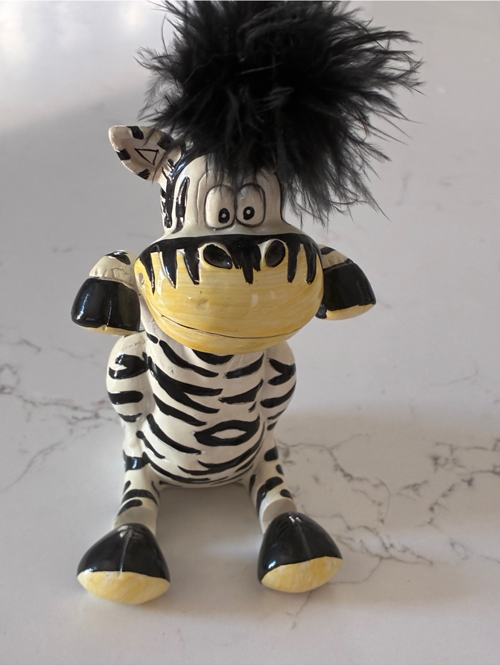 Quirky Whimsical Zebra Ceramic Photo Holder / Memo Clip Figurine w. Feather Mane